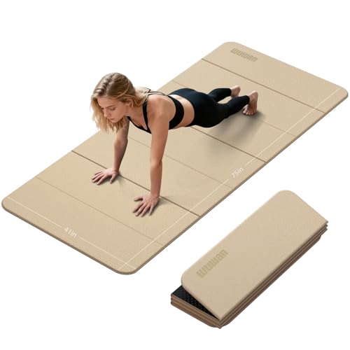 Foldable Yoga Mat Thick 10mm-WUWAN Extra Large Exercise Mat, TPE Material, Non-Slip Fitness Folding Mat Easy to Carry, Suitable for Home Workout Travel Pilates (75" x40",2/5") (Beige)