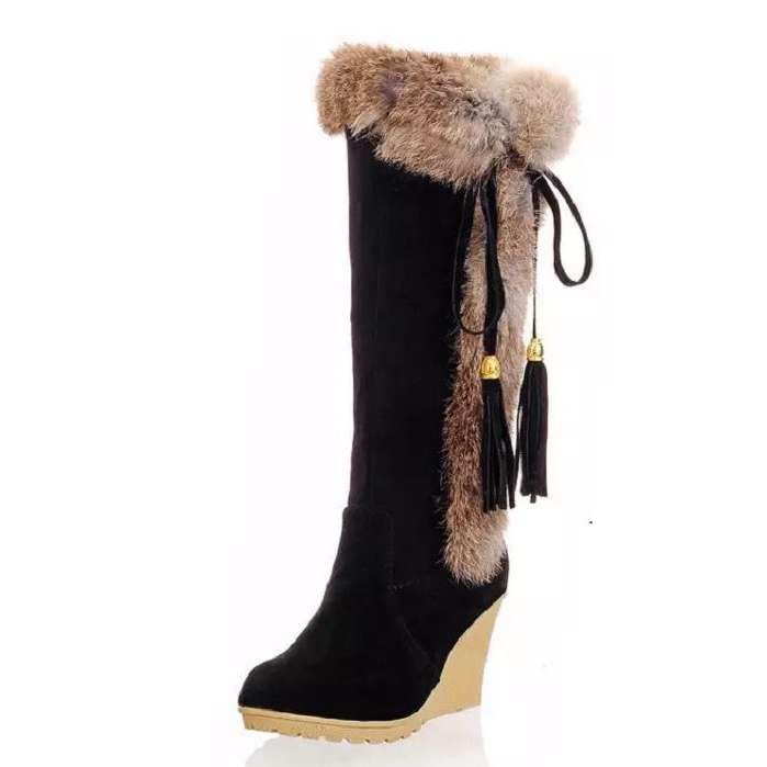 Womens Winter Warm Furry Knee High Snow Boots Tall Pull On High Heel Fur Lined Wide Calf Snow