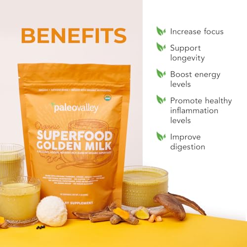 Paleovalley Organic Superfood Golden Milk - Immune, Focus, Cognitive, Longevity - Turmeric, MCT-Rich Coconut Milk, Functional Mushrooms, 30 Servings