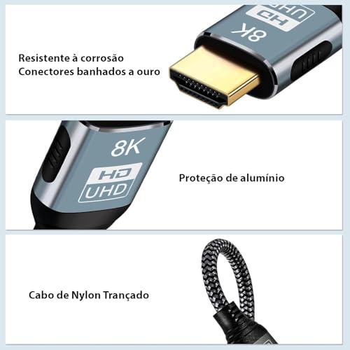 CASEPRO Cabo HDMI 2.1 Gold 8K 4k Ultra Full HD Premium, Nylon Trançado, Blindado, PS5, XBOX, TV, Mon