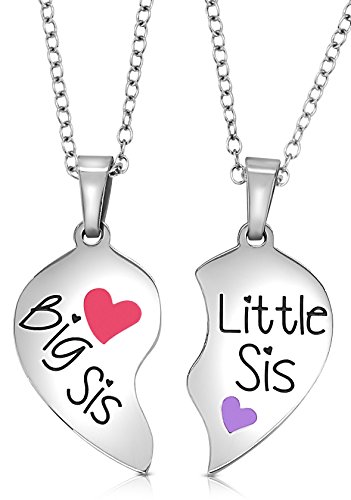Big Sis & Lil Sis Gifts Jewelry Split Broken Heart Necklace Set, 2 Sister Necklaces, Big & Little Sisters Jewelry Presents for Girls, Teens, Teen Girls, Women, Tweens, Twins Valentines Day, Easter Basket Stuffers (Big Sis Pink-Little Sis Purple)