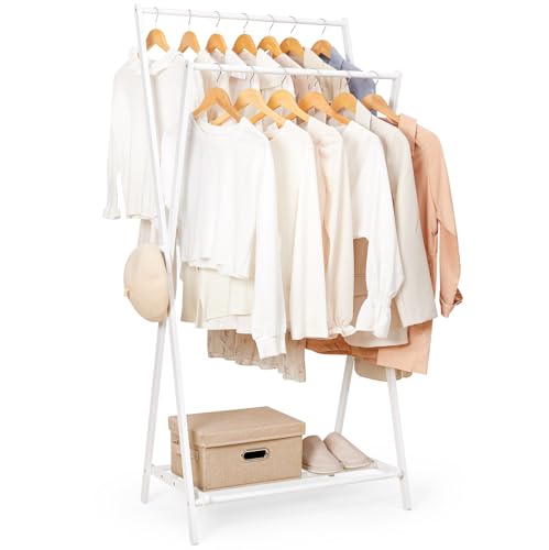 Cozivolife Bamboo Clothes Rack with Storage Shelf, Portable Garment Holder Clothing Hanger for Hanging Cloth, Foldable Wardrobe Storage for Entryway and Bed Room (White)