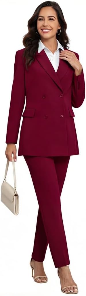 Women's 2 Pieces Pant Suits, Double Breasted Blazer Set, Casual Loose Long Blazer Jackets and Long Pant Suits with Pockets