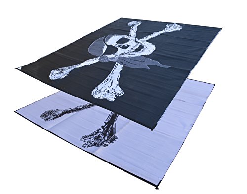 Professional EZ Travel Collection Reversible RV Outdoor Rug for Backyards, Beaches, Camping Grounds, Patios, and More, Storage Bag and Mat Stakes Included, Black/White/Pirate (9x18)
