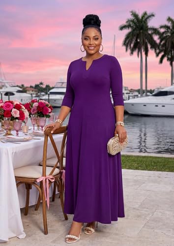 Image of MarryUP Women's V-Neck 3 /4 Sleeve Elegant Maxi Dress with Pockets Church Dresses 2026