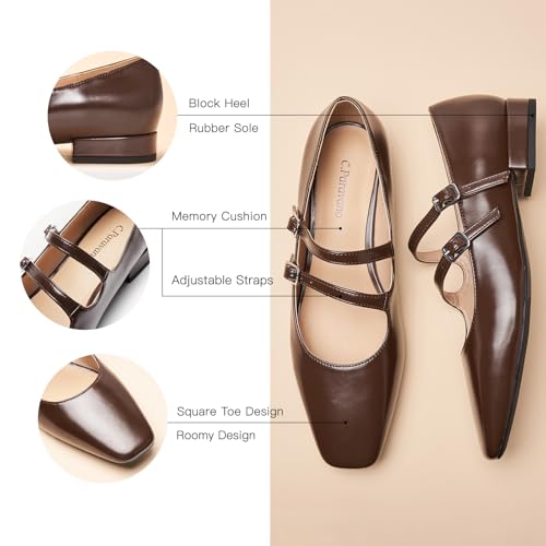 C.Paravano Women's Mary Jane Flats | Block Heel & Adjustable Straps|Square Toe Ballet Flats for Client Lunches, Garden Parties|Pair | Silk Dresses or Linen Sets(Chocolate,7)4