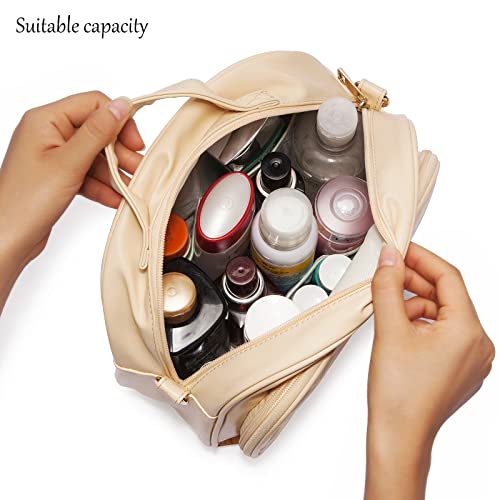 Lacattura Travel Makeup Bag, Vegan Leather Quilted Cosmetic Bag, Waterproof Toiletry Handbag, Portable Beauty Storage Bags Make Up Organizer With Shoulder Strap For Women And Girls, Apricot #TOP2