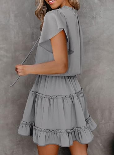 Image of Dokotoo Womens Spring Summer 2025 Short Sleeve Split V Neck Ruffle Chiffon Elegant Mini Short Skirt Dresses