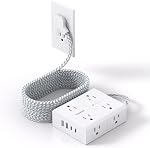 Barre de puissance du protecteur de surpression 15 Cordon de fer, Ultra Cord d'extension plat mince avec 8 Sorties 4 USB Ports(2 USB C), barre d'alimentation à prise plate, 15 Ft long cordon d'alimentation tressé pour la maison, bureau, salle de dortoir Essentiels