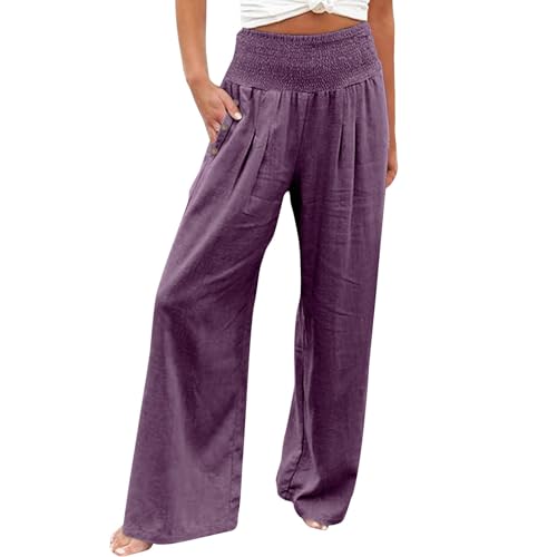 SHAOBGE Linen Pants Women Comfy Flowy Wide Leg Pants Trousers Summer High Waisted Beach Palazzo Pants with Pockets 2024