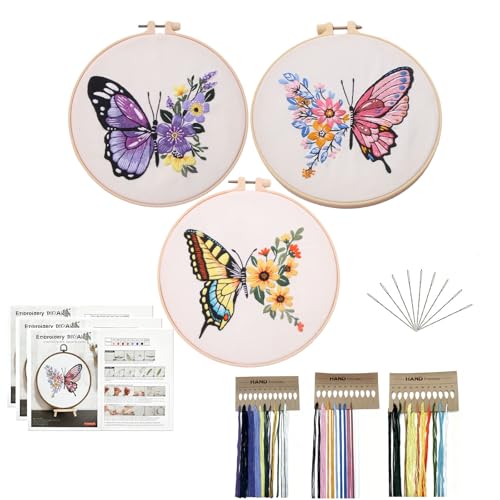 Image of Embroidery Kits for Beginners, 3pcs Embroidery Kit with Butterfly Pattern, Cross Stitch Kits for Adults Beginners with Pattern Fabric, Hoop, Thread & Needles, Sewing Gift Set for Women & Teens