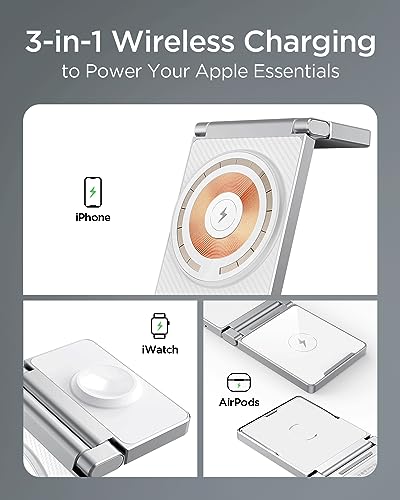 Image of 3 in 1 Foldable Zinc Alloy Wireless Charger[Compatible with Magsafe Charger],Magnetic Charging Station for iPhone 15 /14 /13 /12 Series,for AirPods,iWatch-White