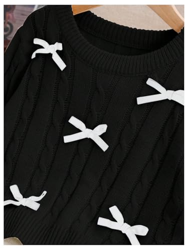 Image of SweatyRocks Girl's Cable Knit Sweater Cute Bow Crewneck Long Sleeve Pullover Sweater Black 8Y