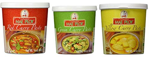 Mae Ploy Red Curry Paste, Green Curry Paste and Yellow Curry Paste Set. Great Cooking gifts - PACK OF 4