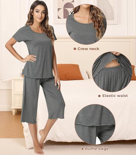 Image of NACHILA Women's Bamboo Viscose Pajama Sets Summer Cooling Short Sleeve Capri Soft Pjs Night Sweats Moisture Wicking Sleepwear
