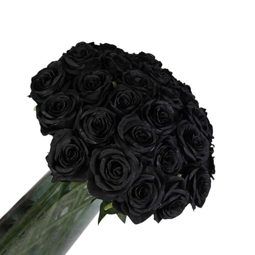 Laelfe 12 Pcs Halloween Artificial Black Roses, 53 cm Single Long Stem Faux Silk Black Flowers Fake Roses for Halloween Gothic Party Wedding Bridal Bouquet Home Grave Decorations