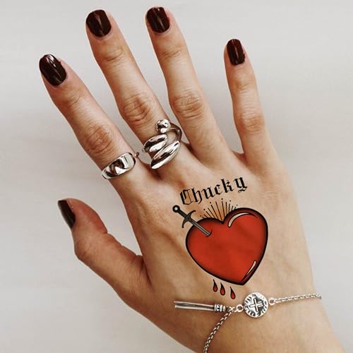 Image of GOROMON 16 PCS Bride of Chucky Tattoo Heart, Halloween Temporary Tattoos Stickers For Women Men, Fake Halloween Makeup Kit Party Favor Supplies Chucky Heart Tattoos Costume Accessories