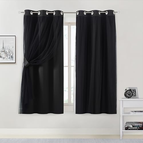 Image of Bujasso Black Blackout Curtain Panels with Sheer Overlay Mix and Match Double Layer Thermal Insulated Window Treatment Set for Bedroom Living Room Black Drapes with Tiebacks Grommet Top 37 inch Wx63 Lx2