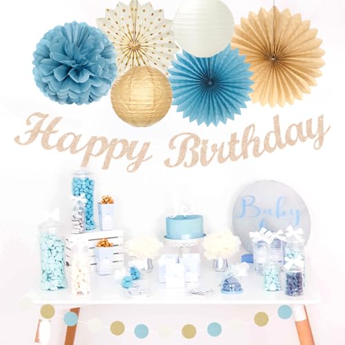 Image of Light-Dusty Blue Beige-Champagne Women Birthday-Decorations - 21pcs Boho Neutral Happy Banner Garland,Paper Streamers Lanterns,Flower Tissue Pom Poms Fan Supplies,Wall Backdrop Party Decor Huglony