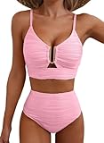 Herseas High Waisted Bikini V Neck Spaghetti Straps Push Up Full Coverage Tummy Control Swimwear Beach Essentials Ready Bathing Suit Set Pink Large