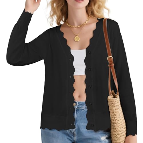 AOOSU Cardigan Lavorato a Maglia da Donna, Bottoni e Scollo a V Cardigan, Maglia Cava (XL/Nero)