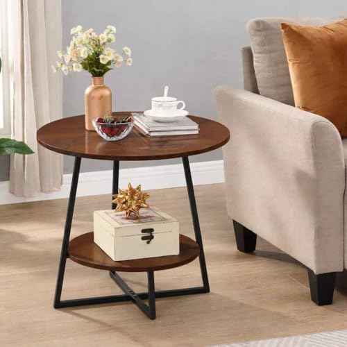 Image of Al Hama Rustic Farmhouse End Table Modern 2 Tier Sofa Side Bedside Table, Metal Frame Nightstand, Multipurpose Living Room Bedroom Coffee Table Black Brown