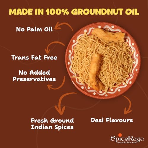 Image of SpiceRaga | Bikaneri Bhujia Pack of 2 | No Palm Oil | Pure Groundnut Oil | No Trans Fat | Crispy & Spicy Teatime Snack | Healthy Namkeen Moti Sev | 100% Natural Ingredients | 400g Each