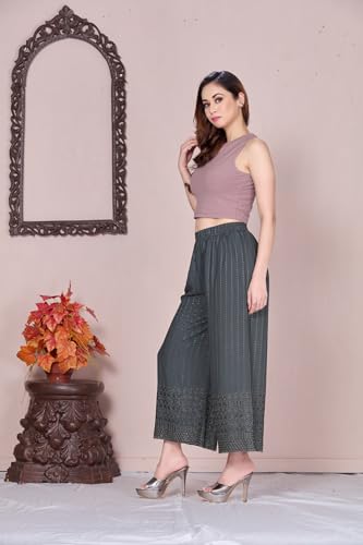 Image of VIVIKA Chikankari Palazzo Pants for Women |Rayon Wide Leg Ethnic Palazo with Embroidery | Comfortable Elastic Waist Women's Palazzo for Casual, Festive & Office Wear