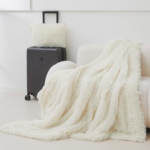 Image of MEGO Soft Faux Fur Travel Blanket for Airplane & Car, Fluffy Fuzzy 2 in 1 Travel Blanket Airplane Compact with Bag, Furry Compact Travel Pillow Blanket with Luggage Sleeve(50 x 60 Inch, Beige