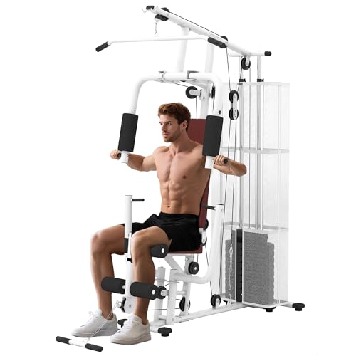 HOMCOM Stazione Fitness con Pull Down, Chest Press, Flessioni, Allungamenti delle Gambe e Vogate, Palestra Multifunzione in Acciaio con Peso di 45 kg, per Home Gym Casa, 150x110x210 cm, Bianco