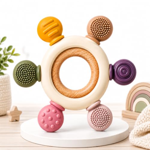 Image of Silicone & Wooden Baby Teether for 0-12 Months