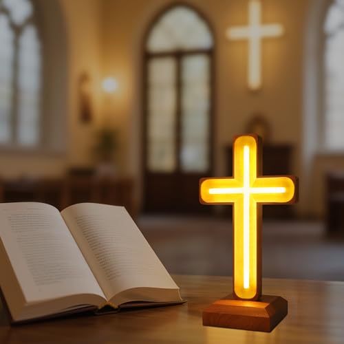 Image of Handcrafted Wooden Cross Lamp, USB Warm Light for Bedside | Neon Sign for Prayer Spaces, Christmas, Weddings, Baptism, Memorials - Spiritual Home Decor Gift