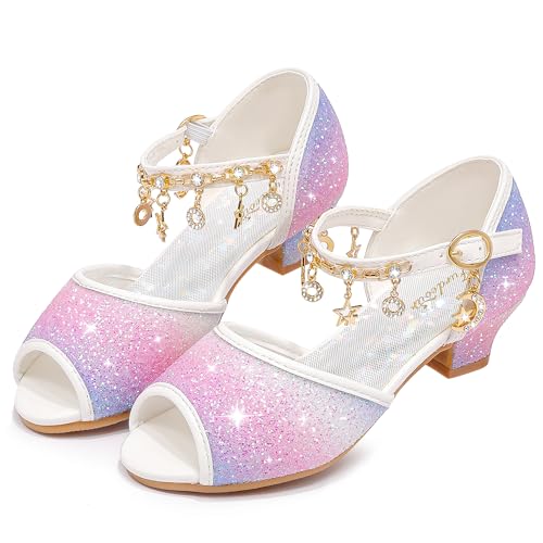 Furdeour Sparkly Girls Dress Shoes Princess Shoes High Heels Peep Toe Low Heel Glitter Toddler Big Kid Wedding Party