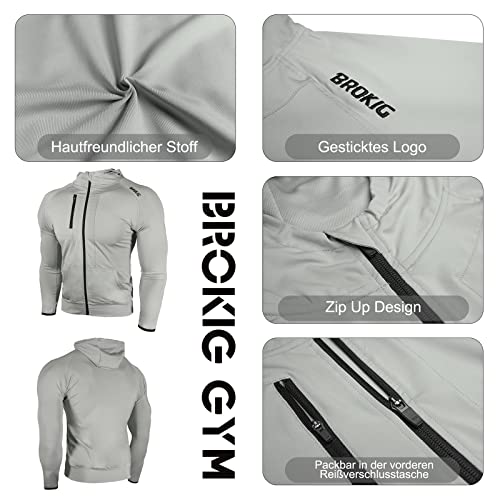 BROKIG Leichte Hoodie Herren,Schnelltrocknende Laufjacke Atmungsaktives Kapuzenpullover Trainingsjacke mit Reißverschluss(Hellgrau,M)