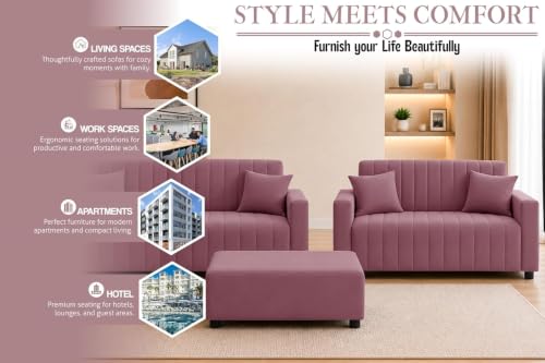 Image of Rosebell 3+2 Velet Fabric Sofa Set with Ottoman | 5-Seater Sofa | Living Room Furniture, Apartment & Office |Rose Pink-Color