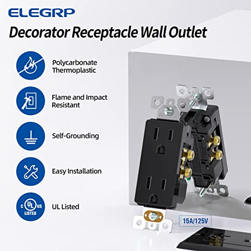 Elegrp Decorator Receptacle, 15A 125V Standard Electrical Wall Outlet, 2 Pole 3 Wire, No-Tamper Resistant, Nema 5-15R, Self-Grounding Residential Grade Outlet, Ul (Glossy Black, 10 Pack) #TOP1