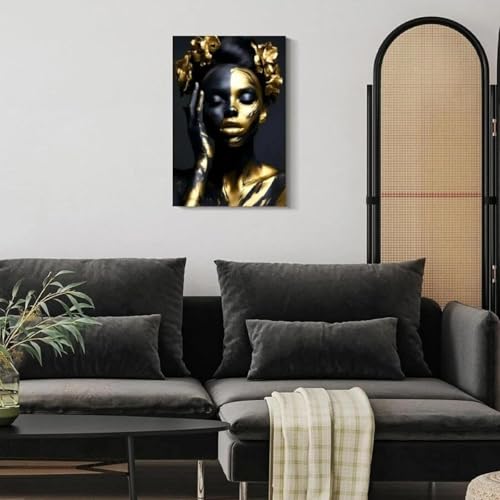 Toile femme africaine or noir grand format 70x100 cm décoration murale design - 3