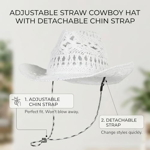 Image of Men & Women's Summer Cowboy Cowgirl Straw Hat Hollow Out Woven Roll Up Wide Brim Sun Hat with Chin Strap