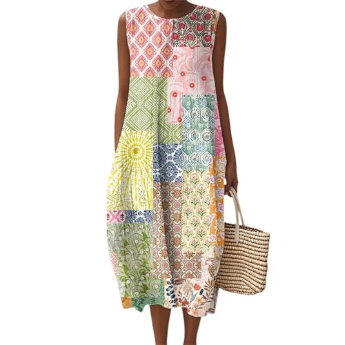 Generisch Korsett Kleid Damen,Musselin Kleid Damen Ohne Ärmel Leinenkleider Sommer Blumendruck Leinenkleider Sommerkleid Baumwoll Leinen Boho...