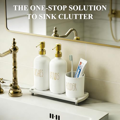 Image of Cisily Kitchen Soap Dispenser Set Comes with Ceramics Sponge Holder, Gold Pumps, and Instant Dry Tray, Hand and Dish Soap Dispenser Set (4, Gold + White + Brush Holder)