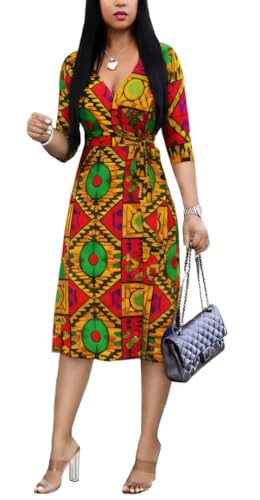 Image of Womens Plus Size Summer Dresses Sexy V Neck Midi Dress Faux Wrap Dress 3 /4 Sleeve Boho Casual Floral A-Line Skirts