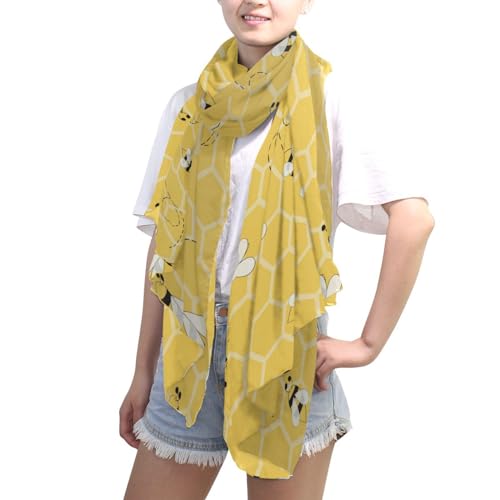 OTVEE Silk-Like Bee Yellow Honeycombs Scarf - Soft Lightweight Chiffon Shawl Wrap for Women4