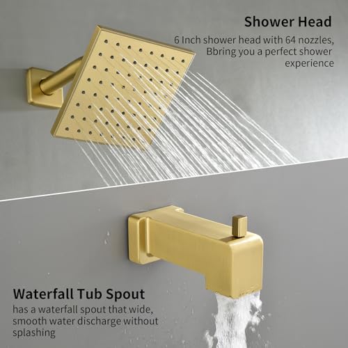 Juego de grifería para ducha y bañera en acabado dorado cepillado, con cabezal lluvia de 6 pulgadas y salida para bañera miniatura 5