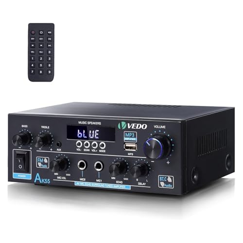VEDO Amplificador de Áudio Bluetooth 5.0 AK-55 HiFi 600W Dual Channel - Sistema de Som para Casa com Entradas AUX USB FM Microfone, Eco e Reverb | Compatível Alto-Falantes 4-16Ω (Plugues Brasileira)