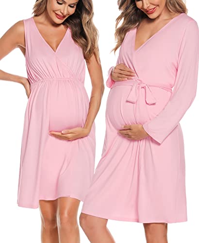 Image of SWOMOG Women Maternity Nursing Gown and Robe Set 3 in 1 Labor Delivery Nursing Nightgown for Breastfeeding Hospital Bathrobe