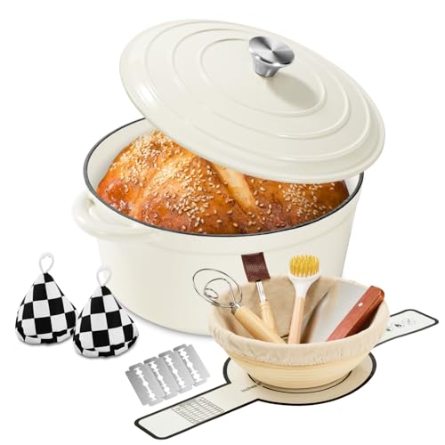 Blingco Enameled Cast Iron Dutch Oven with Lid -6.5 QT, incl. Sourdough Bread-Baking Supplies like Banneton Proofing Basket, Heavy Duty Cookware Bread-Oven for Baking, Stews, and Roasting, Cream White