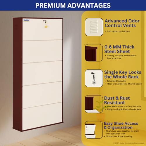 Image of DELITE KOM 24 inch Wide, 10 Shelf Metal Shoe Rack Wall Mounted for Home with Central Lock Holds Upto 30 Shoes or 50 Slippers Pair | Double Decker, 1 Yr Warranty, (67x24x8, Coffee Ivory), DIY, Space Saver