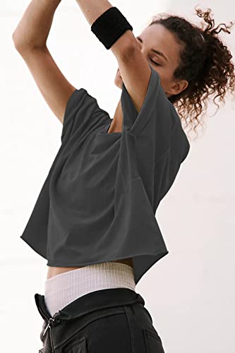 Image of HUGOOME Womens Oversized Workout Crop Top Casual Short Sleeve Boxy Roll Hem