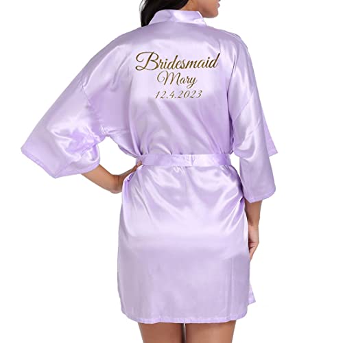 JazJoz Women's Personalised Glitter Writing Satin Robe Name Date Phrase Bride Bridesmaid Maid of Honour Wedding party Kimono