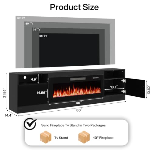 Image of Waleaf 80 inch Fireplace TV Stand with 40 inch Electric Fireplace,20 Colors LED Lights Entertainment Center for Living Room,Large High Gloss TV Console Cabinet for Televisions up to 930+ Inch